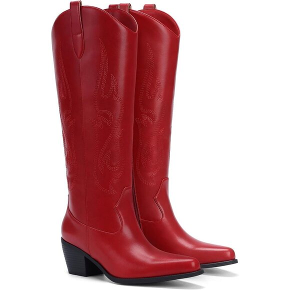 Women's Red Leather Pointed Toe Chunky Heel Knee High Wide Calf Cowgirl Boots - Picture 5 of 6